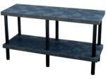A black, two-tiered rectangular table with vertical cylindrical supports and a checkered surface pattern echoes the sleek design of the Vestil Solid Work Bench Table 24 X 66 In. Its minimalist, modern aesthetic enhances any space.