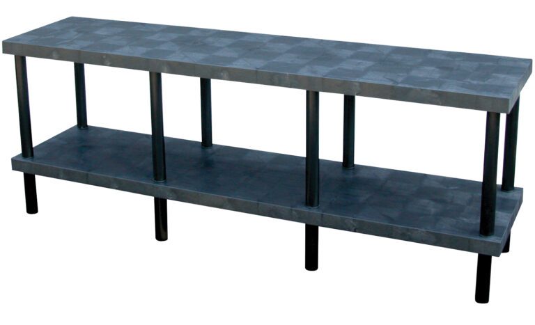 WBT-S-9624_A.jpg A long Vestil Solid Work Bench Table (24 X 96 inches) with a gray, textured surface. This industrial-style, two-tier bench has sturdy black metal legs and offers a simple, functional design.