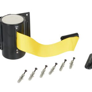 The Vestil Wall Mounted Guidance Barrier 15 Ft, featuring a yellow belt and black housing, comes with screws and anchors for mounting. Ideal for crowd control or queue management, its retractable design offers ease of use and flexibility in public spaces.