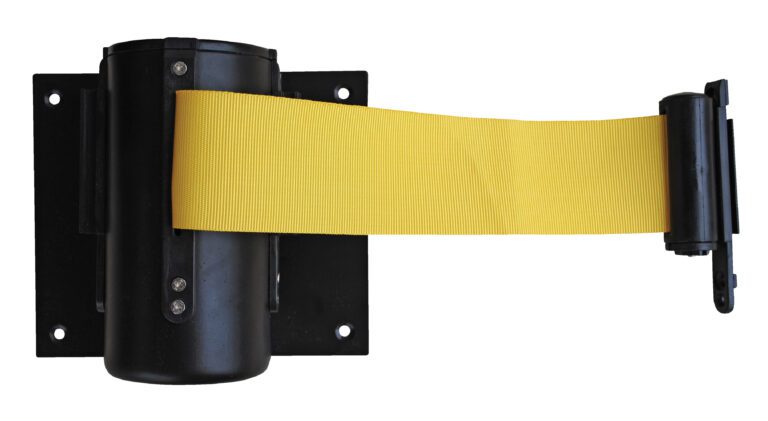 The Vestil Wall Mounted Guidance Barrier 6 Ft has a yellow belt that extends from a black wall-mounted base, secured with visible screws.
