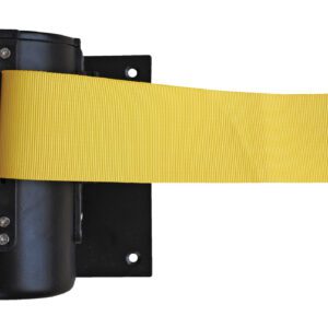 The Vestil Wall Mounted Guidance Barrier 6 Ft has a yellow belt that extends from a black wall-mounted base, secured with visible screws.