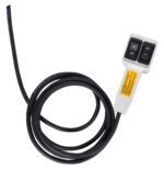 A coiled black cable connects to a white Vestil Jib Hand Held Ac Push Button Control labeled In/Out and Off/Run, featuring a yellow tag for seamless operation.