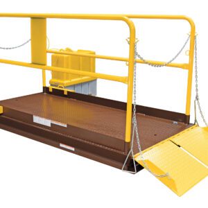 The yellow and brown Vestil Prem Truck Scissor Dock Lift 12K 8X10 Ft includes safety rails and chains, with a grated front ramp for easy access, aiding movement between surfaces of different heights.
