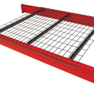 The Vestil Pallet Rack Wire Decking 42 In X 58 In features a vibrant red metal frame and wire mesh, ideal for industrial shelving. Its intersecting wires offer strong support and ventilation for stored items in your workspace.