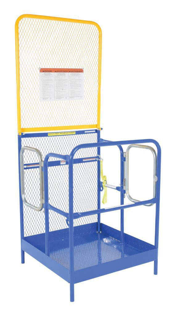 WP-3636-84B-DD_A.jpg The blue Vestil Work Plat features a yellow mesh backrest, metal grating sides, rails on a compact 36x36 platform, a yellow safety latch, and an instructional sign on the mesh backrest.