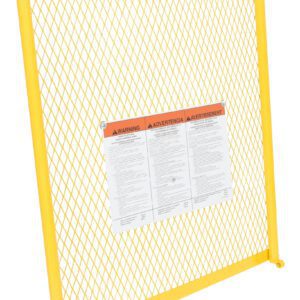 A metal safety gate with a diamond mesh design and a Vestil Work Platform Optional 84 In Back Height 36W features a bold white and orange warning sign centrally displayed.