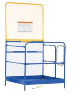 The blue steel Vestil Work Platform W/84 In Expand Back 48X48 has a yellow mesh safety railing and gate, features a safety notice on the mesh panel, and includes a secure safety strap for elevated work tasks.