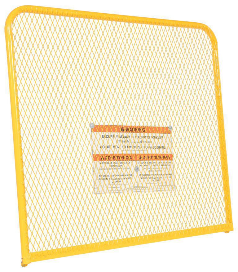 A freestanding yellow metal safety barrier with a lattice design and central warning label resembles the Vestil Work Platform Optional 84 In Back Height 48W, providing protection with its 84-inch back height and 48-inch width.