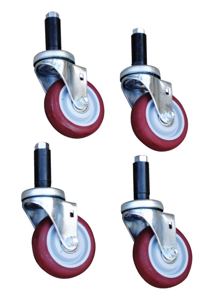 Four red Vestil Work Platform Optional Casters with silver metal brackets and black mounting stems, designed for effortless mobility, are displayed in pairs on a clean white background to highlight their sturdy construction and versatile application.