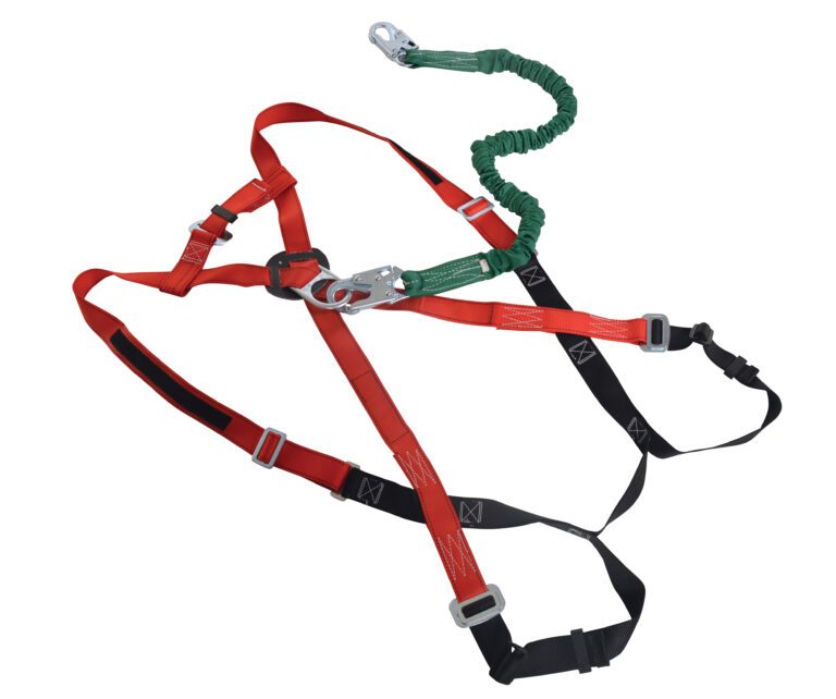 The Vestil Large Work Platform Harness W/ Lanyard features red and black adjustable straps, buckles, and a green coiled lanyard with a metal hook, highlighting its detailed design and reliable features when laid flat.