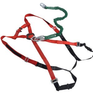 The Vestil Large Work Platform Harness W/ Lanyard features red and black adjustable straps, buckles, and a green coiled lanyard with a metal hook, highlighting its detailed design and reliable features when laid flat.