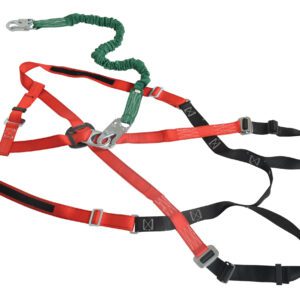 The Vestil 2XL Work Platform Harness W/ Lanyard features red and black straps with metal buckles and connectors, plus a green elastic lanyard with a silver hook for height safety.