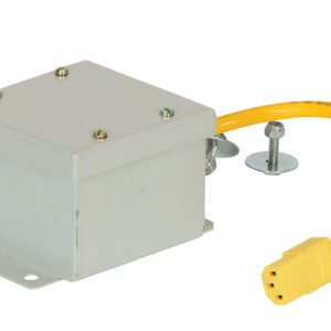 The Vestil Work Platform Fork Truck Stop Button Box features a gray metal electrical box with a yellow power cable and plug, stop button, mounting bracket, and four top screws. The looped cable extends to the plug at the bottom right.