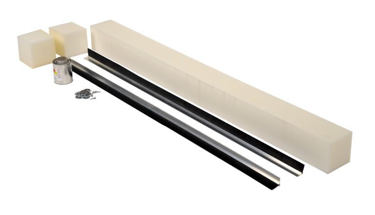 The Foam packaging set includes two square blocks, a long rectangular piece similar to the Vestil Stripping Replace 1.5 In Brush 62 In Pit, metal rods, a small can, washers, and screws—all arranged on a pristine white background—perfect for replacing old materials.