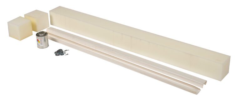 WS-6-RV_A.jpg Various foam blocks are placed on a white surface. Next to them are two thin, long wooden strips, similar to the 62-inch Vestil Weather Strip Replace Vinyl Pit, along with a small labeled can and some metal screws.