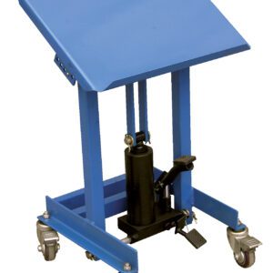 The Vestil Hydraulic Work Positioner 330 Lb 20 X 16 features a blue lift table with a slanted surface, four caster wheels, and a black hydraulic pump with foot control, effortlessly adjusting up to 330 lbs.