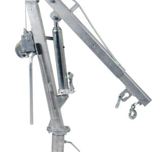 A silver, metallic boat davit similar to the Vestil Winch Truck Jib Crane .5K Extended Galv has a hydraulic arm with two hooks. It is equipped with a stable base and a crank handle, ideal for lifting and lowering boats or heavy items against a crisp white background.