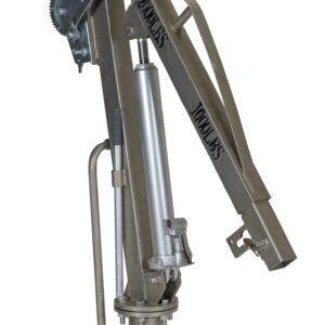 The Vestil Winch Truck Jib Crane 1K Extended Ss is a metallic lifting device with a pivot point, hydraulic cylinder, and gear mechanism. Mounted on a base featuring branding text, its designed for industrial and mechanical use.
