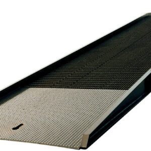 The Vestil Steel Yard Ramp Overlap Style 16K 84X36 is a wheel-mounted, slightly inclined metal ramp with side rails and a grated surface, providing durable mobility for heavy loads.