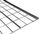 Close-up of a metal wire grid panel, featuring a series of evenly spaced horizontal and vertical wires. The panel is angled diagonally from the bottom left to the upper right against a plain white background.