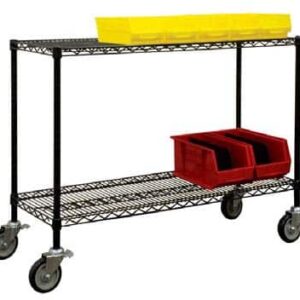 A metal utility cart with four wheels, featuring two wire shelves. The top shelf holds a yellow tray, and the bottom shelf has two red bins.
