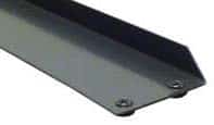 Close-up of a black metallic L-shaped bracket with two screws visible at the bottom edge, showcasing its use in custom pallet rack systems, placed on a plain white background.
