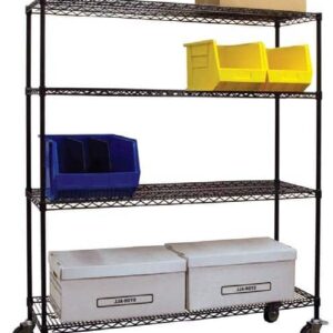 A mobile metal storage rack featuring SpeedCell Storage Solutions with four shelves: the top holds a cardboard box, the second has two yellow bins, the third supports two blue bins, and the bottom shelf stores two white cardboard boxes for high-density organization.