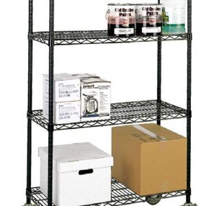 A metal wire shelving unit with four levels, holding various items including paint cans, a cleaning bottle, and cardboard boxes. It has four wheels for mobility and is set against a white background.