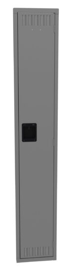 A tall, narrow, gray metal locker with a rectangular black handle. The locker door has ventilation slits at the top and bottom, and it is closed.