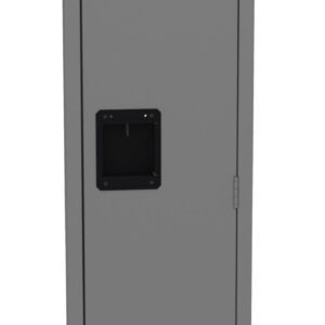 A tall, narrow, gray metal locker with a rectangular black handle. The locker door has ventilation slits at the top and bottom, and it is closed.
