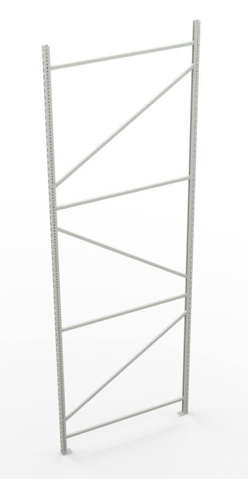 a8w312yiwnlhulxjakii.jpg A metal shelving frame with vertical and diagonal supports, standing upright against a plain white background. The frame is empty, displaying its simple, industrial design.