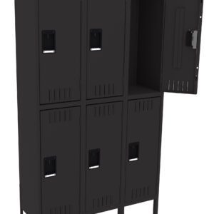 A set of black metal lockers with six compartments arranged in two rows. Five doors are closed, and one in the top right is open, revealing the interior. The lockers have ventilation slits and recessed handles.