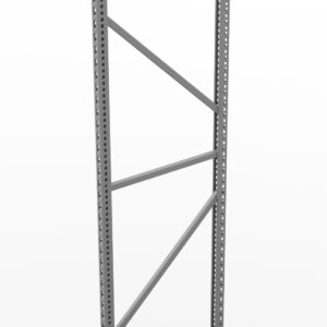 A metal shelving unit frame with vertical and diagonal support bars, featuring multiple holes for adjustable shelving, stands on a plain white background.