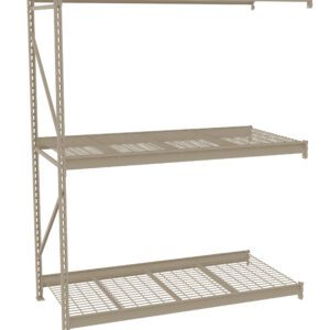 A beige, three-tiered metal storage rack with mesh shelves is shown. The rack is empty and has a sturdy, industrial design with reinforced supports on the sides.