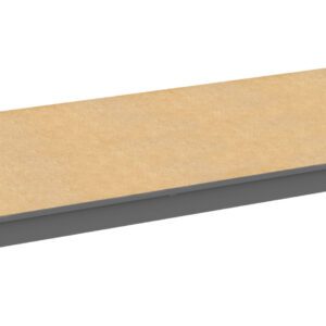 A rectangular wooden shelf with a gray metal frame. The shelf is viewed from a slightly elevated angle, displaying its flat surface and simple design.