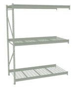 A gray metal storage rack with three adjustable wire shelves is shown against a white background. The structure features an open design with perforated shelves, suitable for organizing various items.