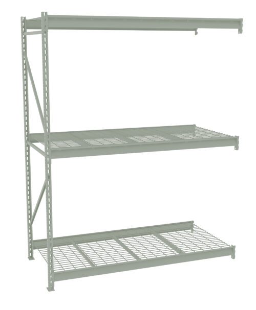 A gray metal storage rack with three adjustable wire shelves is shown against a white background. The structure features an open design with perforated shelves, suitable for organizing various items.