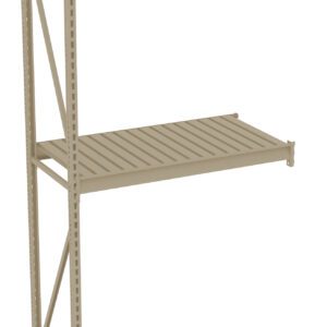 Freestanding beige metal shelving unit with three adjustable slatted shelves.