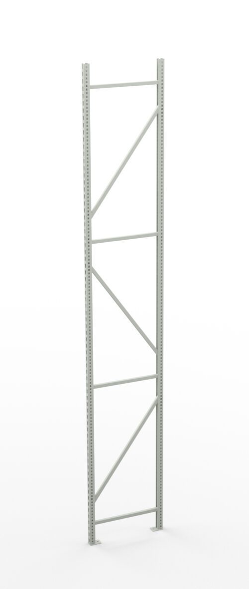 bqdo5oytwjjtdrdpb6fb.jpg A tall, metal shelving frame with vertical and diagonal supports against a plain white background. The frame has a minimalistic design and appears sturdy, intended for industrial or storage use.