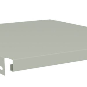 A beige metal shelf panel with a flat surface and perforated edges, designed for use in shelving units.