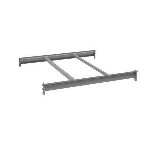 c0kehnbecmfet1t24xae.jpg A gray metal soffit two-way support structure with two parallel horizontal beams and three vertical connectors positioned perpendicularly, designed for installation in construction projects.