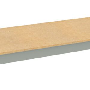 A long, rectangular, light brown wooden shelf with gray metal brackets on each end. The shelf appears to be designed for storage or organizational use.