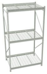 A gray metal storage rack with three levels of wire grid shelves. The rack features a sturdy frame with diagonal supports and perforated vertical beams, suitable for organizing and storing various items in a warehouse or garage setting.