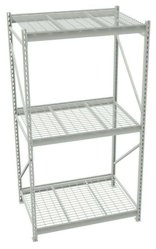 A gray metal storage rack with three levels of wire grid shelves. The rack features a sturdy frame with diagonal supports and perforated vertical beams, suitable for organizing and storing various items in a warehouse or garage setting.
