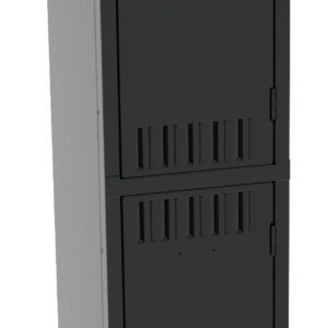 A tall, narrow, gray metal locker with two black doors, each featuring a vent and a handle. The locker stands on four legs and has a minimalist design.