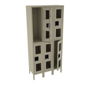 A beige, rectangular metal locker unit with six compartments. Some doors are open, revealing empty spaces inside. Each door has a black handle and small rectangular windows. The locker is standing on short legs.