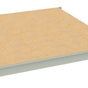 Metal-framed wooden platform with a beige surface, viewed from a slightly elevated angle. The frame is light gray and has a minimalist design. The platform is isolated on a white background.