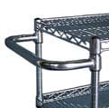 Close-up of a metal shelving unit with multiple tiers and a horizontal handle on the side. The shelves feature a grid design, and the structure appears sturdy, suited for storage or transport.