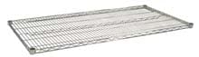 Metal wire shelf with a rectangular shape. It has evenly spaced parallel bars and a shiny, silver finish. The shelves are slightly elevated at the corners, allowing for secure attachment or stacking in a shelving unit.