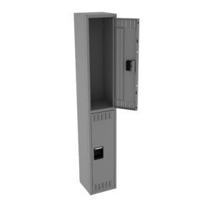 A tall, gray metal locker with two compartments. The top compartment is open, showing an empty interior, while the bottom compartment is closed. The locker has a clean, industrial design.
